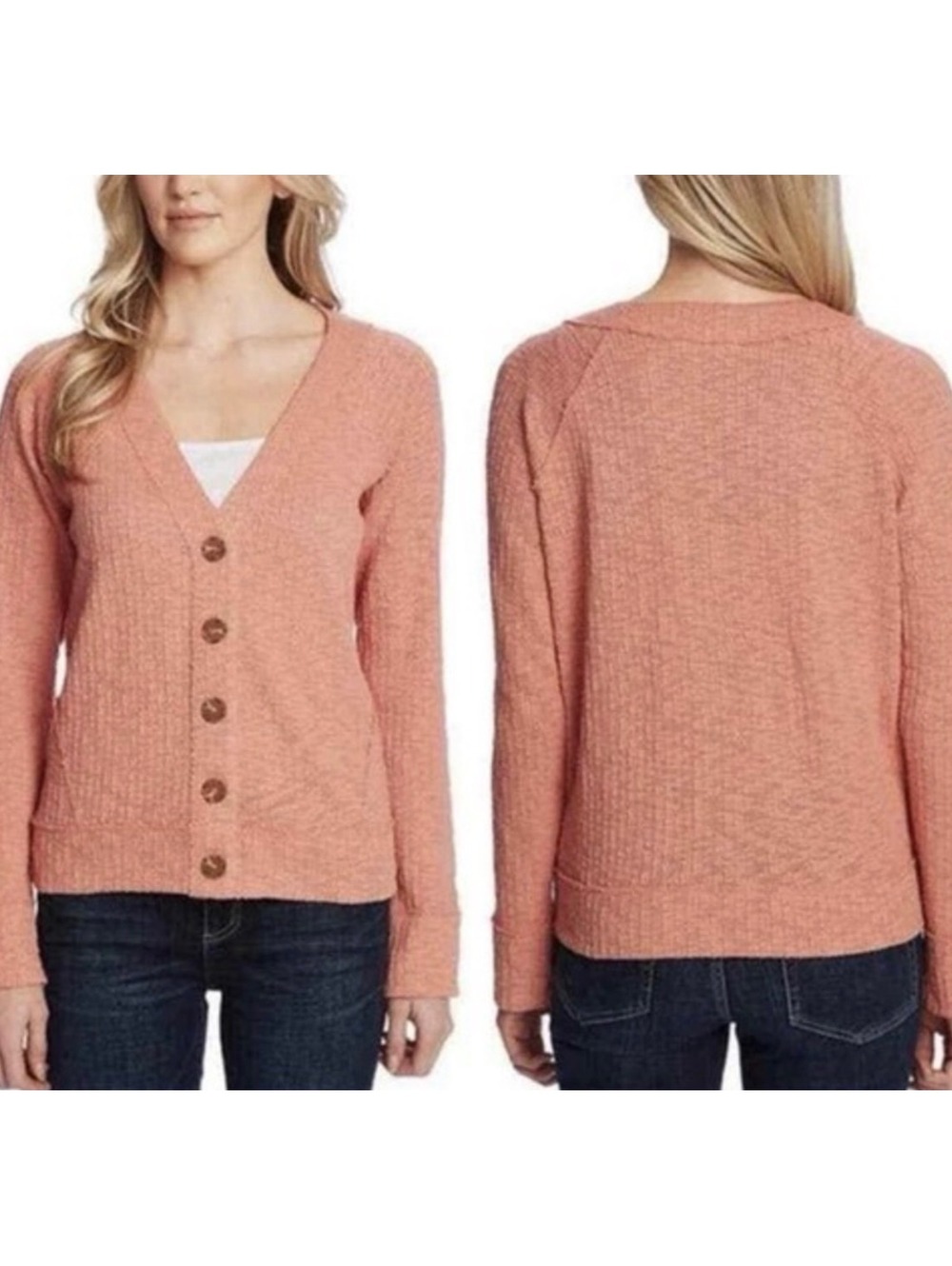 Two by Vince Camuto Cardigan Salmon Peach V neck Button sweater XL waffle knit
